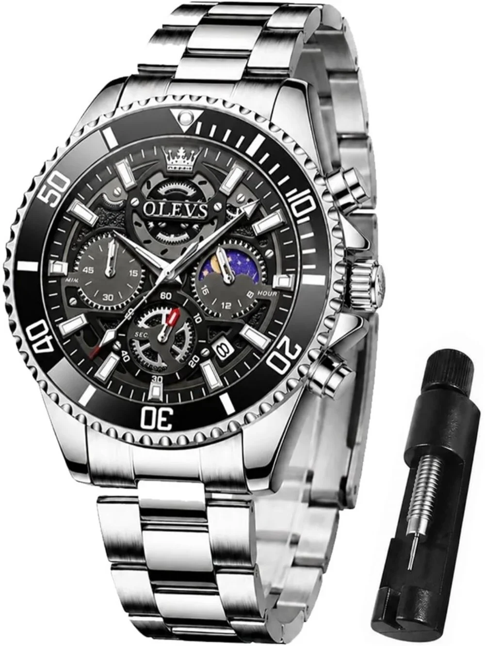 Men's Silver-Black Stainless Steel Waterproof Business Date Dress Wrist Watch